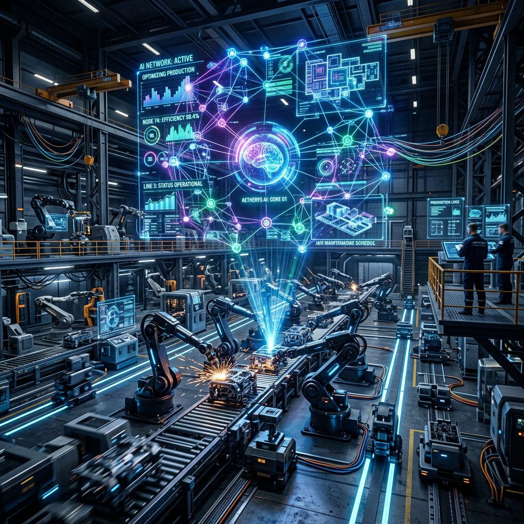 Automated robotic arms working on assembly line with AI network holographic display